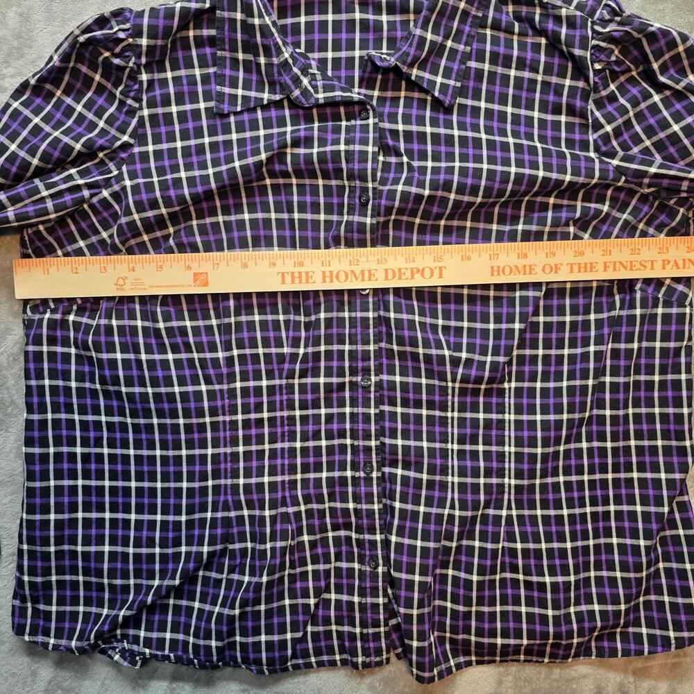 Chaps Button Up Shirt Womens 2X Black Purple Plaid Long Puff Sleeve Cotton - Picture 3 of 8